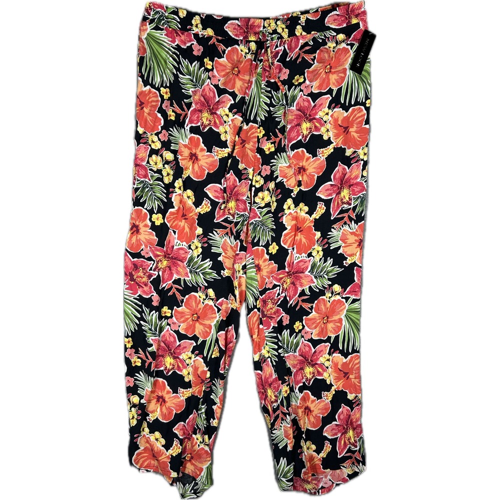 New Look Womens 3X Tropical Floral Print Rayon Drawstring Pants Black Orange